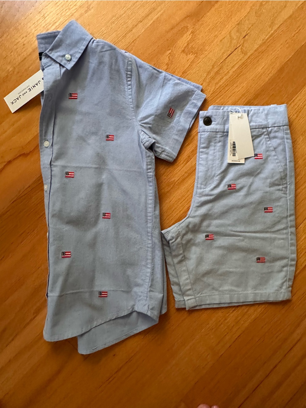 Janie and Jack Light Blue Embroidered Flag Polo Americana and Shorts Set size 7